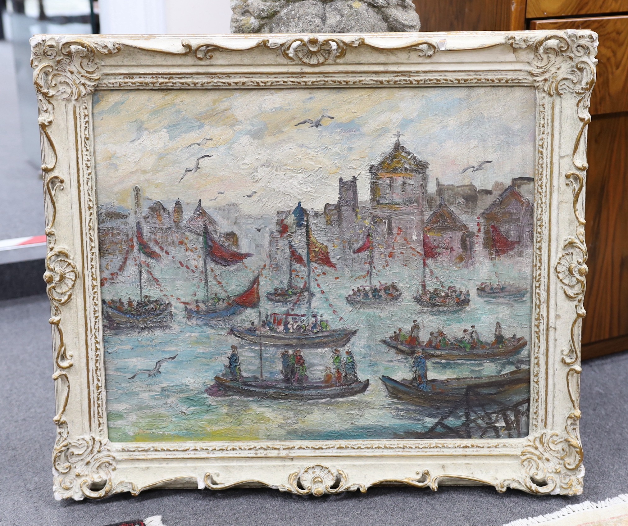 Attributed to André Hambourg (1909-1999), oil on canvas, French regatta scene, Christies label verso, 49 x 59cm